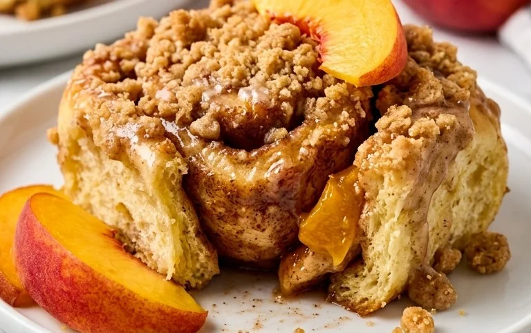 Peach Cobbler Cinnamon Rolls with Crumb Topping